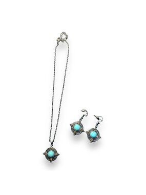 Vintage Look Silver Patterned Rhinestone and Turquoise Necklace and Earrings